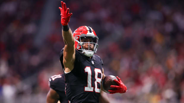 Atlanta Falcons wide receiver Mack Hollins (18) reacts after a catch against the Green Bay Packers in the second half at Mercedes-Benz Stadium.
